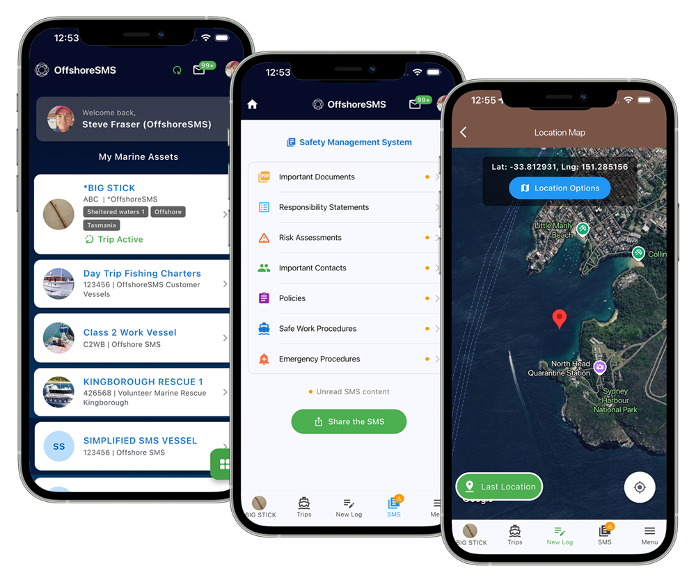 OffshoreSMS App screenshots showing vessel list, safety management system and location map